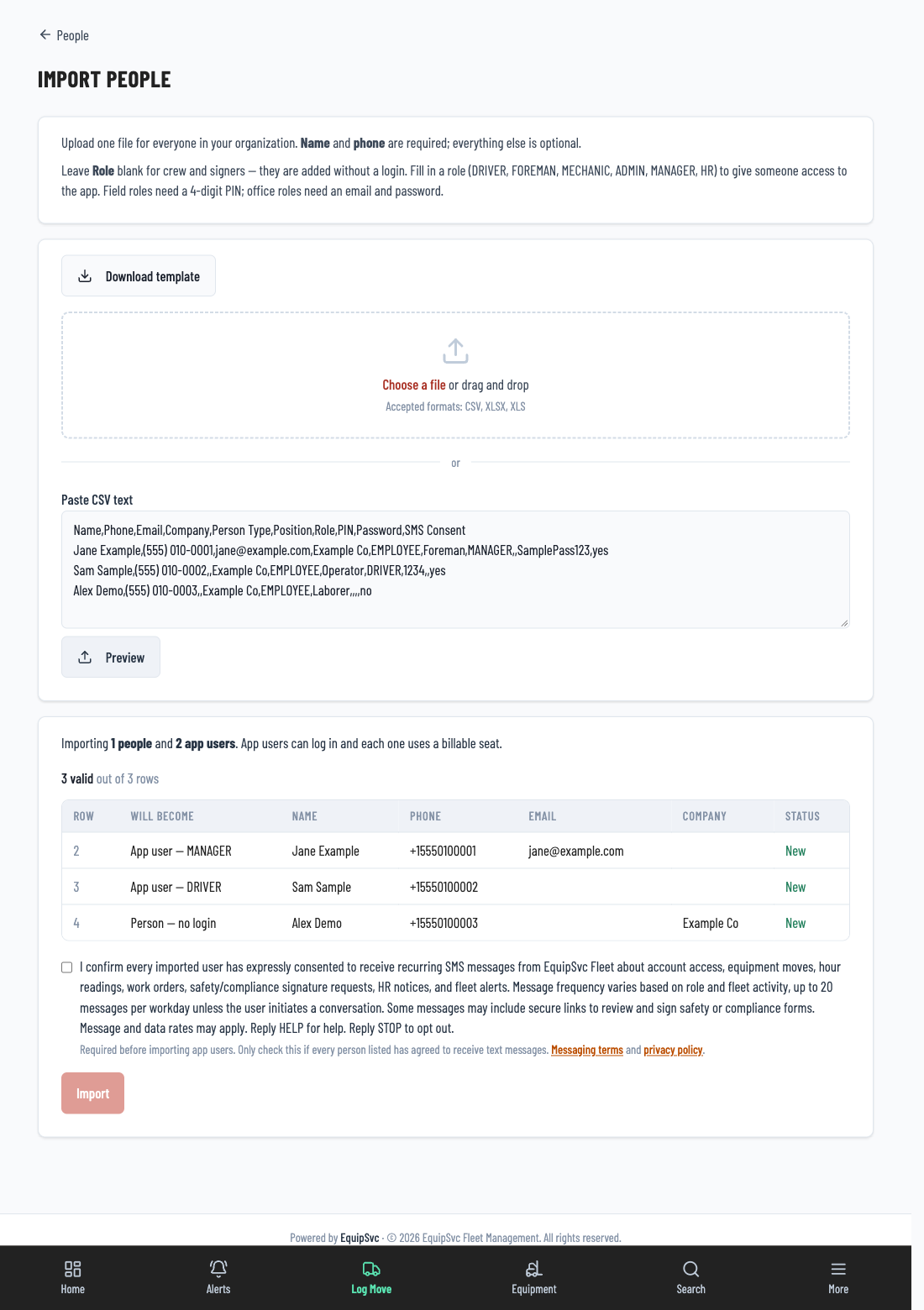 EquipSvc Fleet Import Users flow showing a pasted CSV, a three-row import preview table, the required SMS consent checkbox unchecked by default, and a disabled Import 3 Users button