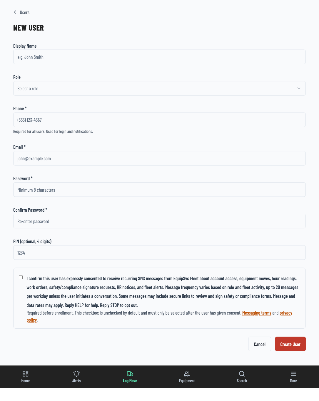 EquipSvc Fleet New User form showing display name, role, phone, and PIN fields with the required SMS consent checkbox unchecked by default above the Create User button